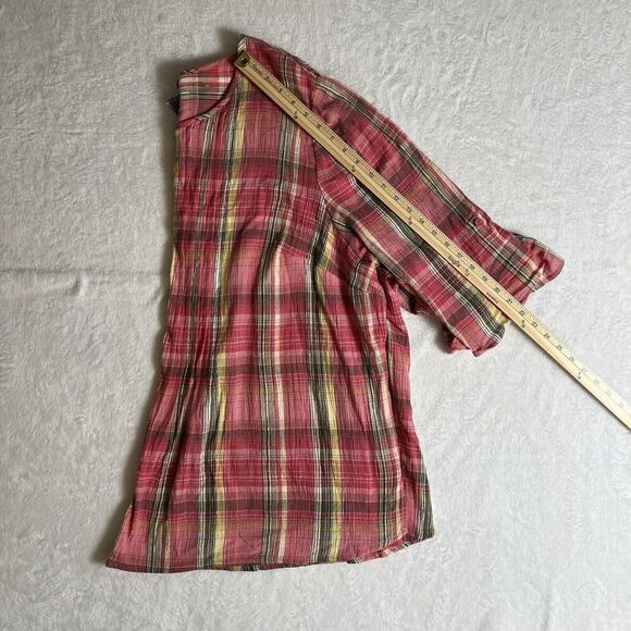 Catherine’s Women’s Plaid Blouse Size 3X Pink Multicolor Tab Sleeves Sheer Airy - Picture 6 of 7